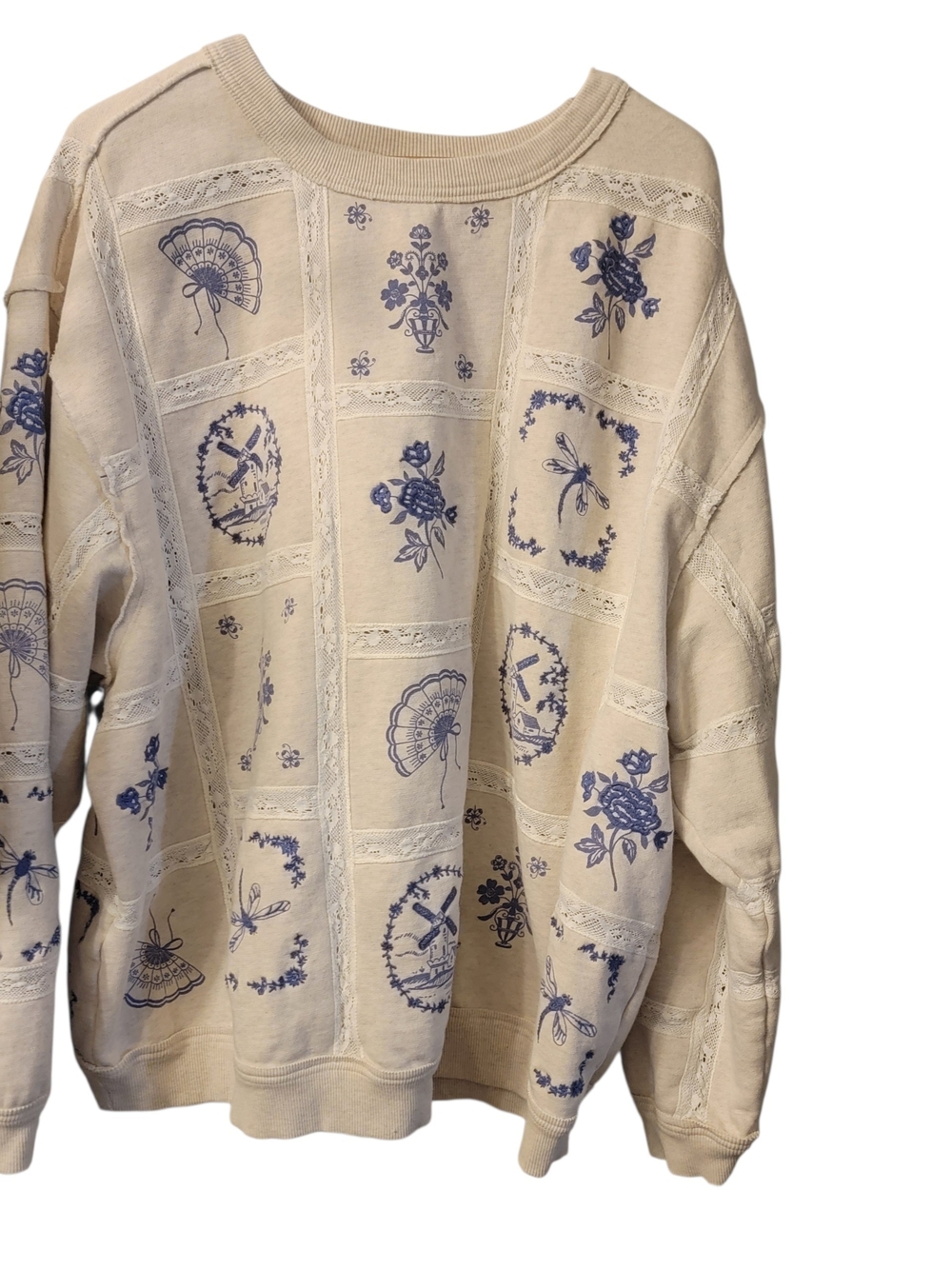 Free People Cream Crewneck Sweater with Blue Floral Motif